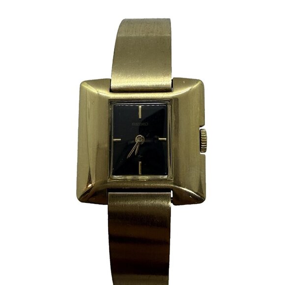 SEIKO 11-3479 Gold Tone Wind-up Analog Women's Square Watch Black Face Bracelet - Picture 1 of 6